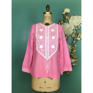1970s hippie blouse, pink and white cotton, embroidered vintage festival tunic